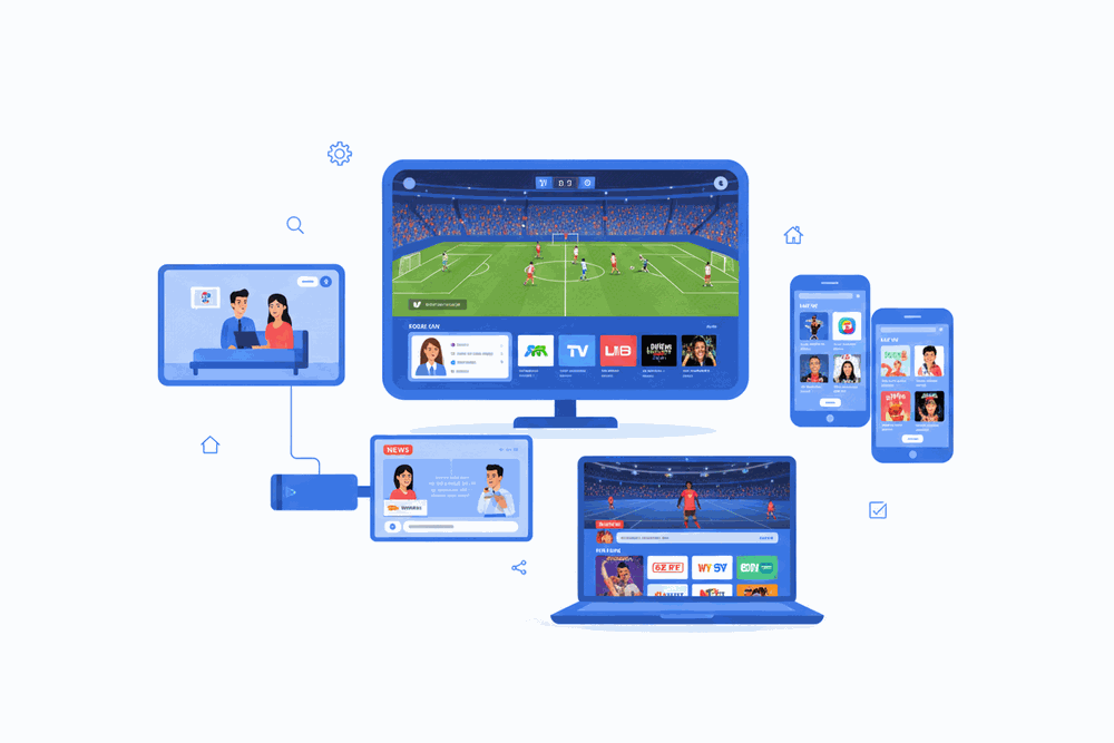 TiviStation IPTV multi-device IPTV subscription running on Smart TV, laptop, tablet, and phone