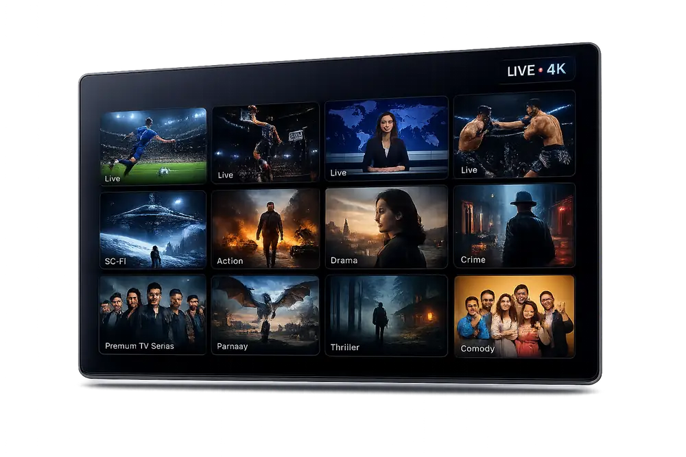 Watch live TV, sports, and movies in 4K with TiviStation IPTV TiviStation IPTV IPTV interface showing live sports, news, and 4K movie channels on a Smart TV